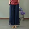 Calças de algodão e linho femininas calças elegantes de perna larga verão lindas calças de senhora folgadas estilo chinês estilo étnico
