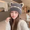 Gorro de lana grueso estilo coreano con orejas de gato para mujer con circunferencia de cabeza grande, gorro de punto cálido y afelpado para clima frío