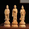 Esculturas em Cipreste e Buxo dos Três Budas do Oeste: Buda Amitabha, Bodhisattva Mahasthamaprapta e Bodhisattva Avalokiteshvara, Enfeites e Artesanato para Sala de Estar
