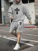 Conjunto Clássico de Moletom e Shorts com Estampa de Cruz, Versátil e Estiloso, Sucesso de Vendas Transfronteiriço