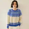 2026 Novo Suéter de Tricô Jacquard Color Block Retrô com Gola Redonda para Mulheres Camada Base de Cashmere para Mulheres