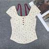Playera de Manga Corta Estilo Dos Piezas Falso Floral Pequeño para Mujer Verano Diseño Adelgazante con Almohadilla en el Pecho Deseo Puro Casual Combinable Top para Mujer