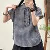Camisa de cuadros de manga corta de algodón puro para mujer, nuevo estilo de verano, camisa de cuadros con cuello camisero, blusa top holgada
