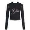 Conjunto de Chaqueta Corta con Capucha y Cremallera Estampado de Letras Ajustado y Pantalones Cross-Border I*Amgi con Diseño de Costuras Visibles