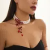 Colar Multicamadas de Contas Redondas Personalizadas Estilo Gótico Vintage com Pingente de Gota de Sangue e Pérolas Artificiais para Mulheres - Joia Europeia e Americana Transfronteiriça