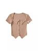 Camiseta de Verano Estilo Americano Retro Cuello Cuadrado Clavícula Manga Corta para Mujer Chicas Calientes Ajustada Adelgazante Diseño de Botones Top Corto