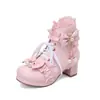 Zapatos de caramelo con borde de encaje de lazo dulce Botas de cuero de princesa Botas Martin de encaje con cuentas Botines Botines de tacón medio grueso Botas de comercio exterior