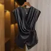 Top de satén jacquard con cintura plisada pesada adelgazante para mujer, verano, color liso, minimalista, suave, simple, estilo simple, camisa de deseo puro