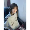 Cardigan Retro Americano com Três Listras Estampa de Letras Color Block Gola Alta Zíper Unissex Moda Outono Inverno Jaqueta Versátil