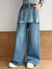 Calça Jeans Feminina 2026 Outono Nova Moda Calça de Pernas Largas para Crianças, Calça Reta Elegante de Corte Solto para Crianças Mais Velhas