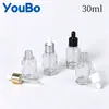 Em estoque Frasco de vidro transparente de 30ml com conta-gotas escalonado para base líquida, óleo essencial e sérum