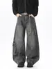Jeans de hombre estilo americano, patchwork deconstruido, dobladillo curvo, pantalones rectos casuales lavados para otoño, pantalones anchos holgados de moda