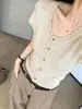 Camiseta de Tricô com Renda de Manga Curta Estilo Old Money Feminina Verão Design Sense Nicho Slim Top Curto Ombro Normal Top para Pessoas Baixas
