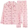 Pijama de Manga Longa Outono e Inverno Feminino Terno com Lapela Calça Rosa de Vaca Roupa de Casa Outono e Primavera para Usar Fora Tamanho Grande Comércio Exterior