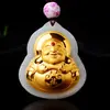 Colgante de Buda Guanyin de jade incrustado en oro de jade incrustado en oro para hombre Colgante de Buda Guanyin de Jade Hetian para mujer Colgante de Buda Sonriente de jade al por mayor