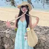 Vestido Largo con Cuello Halter en V de Estilo Puro y Atractivo, Adecuado para Vacaciones en la Playa