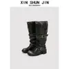 Botas Caídas con Hebilla y Tacón Grueso, Nuevas Botas de Media Caña Vintage Desgastadas Otoño 2025, Botas de Trabajo Nicho Estilo Coreano para Mujer