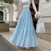 Saia Slimming de Verão Novo Estilo para Mulheres, Saia de Bolo de Quatro Seções, Cintura Alta Elástica, Barra Larga Saia de Gaze Linha A, Saia Longa