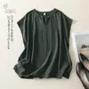 Em Estoque Envio Direto Camisa de Cânhamo Vintage Feminina Elegante Manga Curta Pulôver Solto Top de Verão Feminino Camisa de Cânhamo Tendência