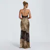 INS Transfronterizo Verano Temperamento Estampado de Leopardo Patchwork Encaje Profundo Halter en V Sexy con Tirantes Cola de Pez Vestido Largo