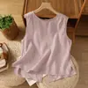 Chaleco Camisero de Algodón y Lino sin Mangas Simple y Elegante para Mujer Verano Top de Cuello Redondo con Botonadura Sencilla Diseño Dos en Uno Camisa de Lino