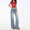 Roupa Feminina de Seda Laranja # Jeans Reto Americano Retro de Cintura Baixa com Barra Flare para Mulheres, Emagrecimento, Caimento Solto, com Efeito Drapeado, Calça Levemente Flare.