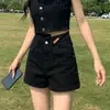 Shorts de mezclilla negros de cintura alta para mujer, verano 2024, nuevo éxito, estilo A, holgados, ajustados, hot pants, hot pants