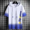 Camiseta de Seda de Gelo Masculina Verão Nova Marca Tendência Ins Verão com Capuz Manga Curta Proteção Solar Solta Tops de Estudante 1/2 Peças