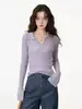 Camisa base de punto para mujer estilo coreano, cuello polo, manga larga, corte ajustado, hermoso top morado taro para principios de otoño