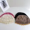 Sombrero de Punto Hueco Retro Hecho a Mano de Nicho para Mujer, Sombrero de Lana Transpirable de Verano con Lentejuelas, Cuentas y Borlas, Sombrero Turbante de Moda