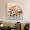 Arte de pared de jarrón de flores frescas estilo americano, mural color crema para comedor y sala de estar, decoración suave para habitación modelo, pintura mural cuadrada para pared