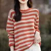 Suéter de punto de algodón para primavera y otoño, cuello redondo, bloques de color a rayas, estilo nuevo, efecto adelgazante, manga larga a rayas en bloques de color, ajuste holgado, capa base de punto