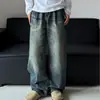 Jeans masculinos largos de perna reta e perna larga, estilo retrô americano, lavados e desgastados, calça longa casual cleanfit com favos de mel e bigodes de gato