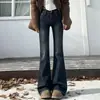 Jeans azul-cinza de design de dois botões, microflare, feminino, outono novo, cintura alta, corte slim, modelador, calça flare extra longa
