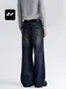 Pantalones casuales rectos ajustados de estilo vintage americano, color azul oscuro, con lavado de bigotes de gato y efecto desgastado, para hombres y mujeres