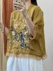 Camisa de Manga Corta de Lino de Algodón 2025 Verano Nuevo Estilo Chic Bordado Estilo Étnico Cárdigan Talla Grande Holgado Ropa de Mujer Adelgazante