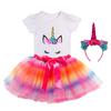 Conjunto de Vestido Europeu e Americano para Meninas 2026 Algodão Camiseta Estampada Manga Curta Saia Tutu de Tela Estrela e Lua com Forro e Faixa de Cabelo Incluídos