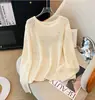 Blusa de tricô folgada com mangas compridas e detalhes vazados, elegante, modeladora, para outono precoce, nova moda, que rejuvenesce, plus size, para mulheres