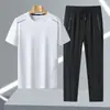 Conjunto de Verão Masculino de Seda Gelada Respirável Esportivo Casual Gola Redonda Calça Longa Conjunto de Alta Qualidade Moderno Secagem Rápida Casual Gola Redonda Seda Gelada