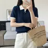 26 Verano Nuevo Estilo Algodón Puro Color de Contraste Tejido Manga Corta Cuello Camisero Estilo Coreano Bloque de Color Simple Versátil Moderno Top para Mujer
