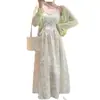 Traje de vestido floral suave de longitud media para mujer, nuevo cárdigan fino de verano con protección solar, dulce falda de tirantes