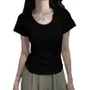 Algodão Puro Design Curto Senso de Estilo Ombro Direito Gola U Manga Curta Camiseta Feminina Verão Garota Quente Estilo Básico Versátil Slim Fit Cintura Marcada Top