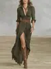 Sitio Independiente Amazon Ropa Femenina Europea y Americana Camisa Vestido Cardigan de Manga Larga Color Sólido con Cuello Solapa Vestido Largo de Moda 8196