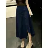 Falda midi azul marino con abertura para mujer, tendencia de verano 2026, nueva, de cintura alta, moda nicho, versátil, falda de línea A