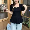 Camiseta de Manga Corta con Cuello Cuadrado para Mujer, Talla Grande de Verano, Favorecedora para Figuras Curvilíneas, Top Irregular con Volantes Dopamina