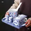 Restaurante Tienda de Fideos Frasco de Condimentos Porcelana Azul y Blanca Frasco de Chile Frasco de Sal Gran Capacidad Cuadrado Cerámica Vinagrera Fácil de Limpiar y Resistente a Altas Temperaturas