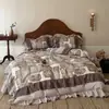 Conjunto de quatro peças em patchwork de algodão e linho, estilo vintage e silencioso classe A, com capa de edredom, lençol e colcha em mistura de algodão respirável e amigável à pele