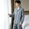 2026 Primavera/Outono Novo Fio 100% Algodão Tingido no Fio Masculino e Feminino Roupa de Casa Tamanho Plus Casual Loungewear Lapela Manga Longa Calça Longa Pijama