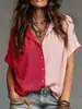 Camisa de Manga Curta Color Block Estilo Europeu e Americano Nova para Verão 2025 para Mulheres, Top Casual Soltinho com Lapela, Tendência de Moda Transfronteiriça