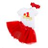 Vestido de festa de aniversário de verão para bebê menina, direto da fábrica, com letra 1 palavra, manga curta, saia khayi, acessórios de cabelo, conjunto de 3 peças